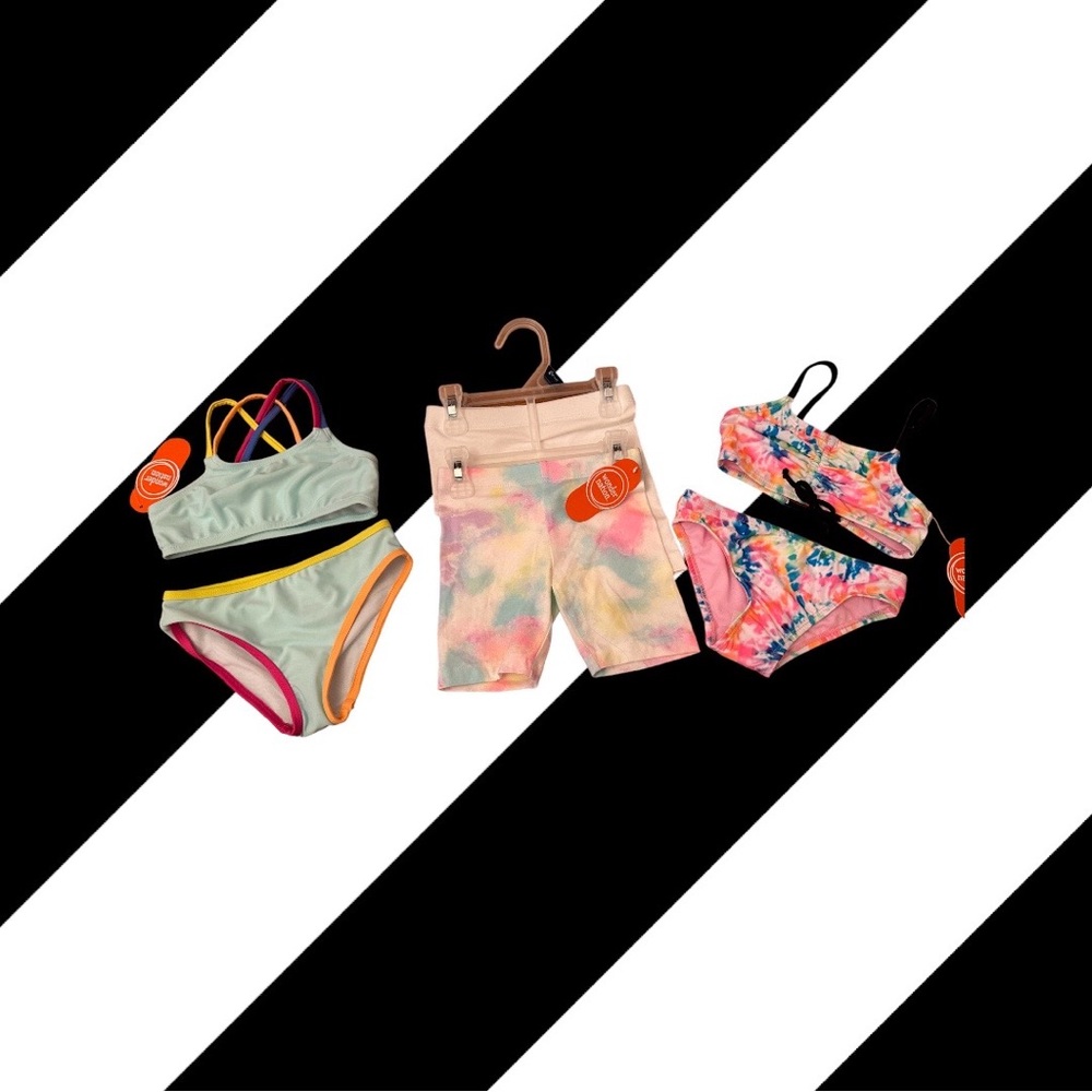 Lot: two bikinis and two pairs or biker shirts all size 4/5